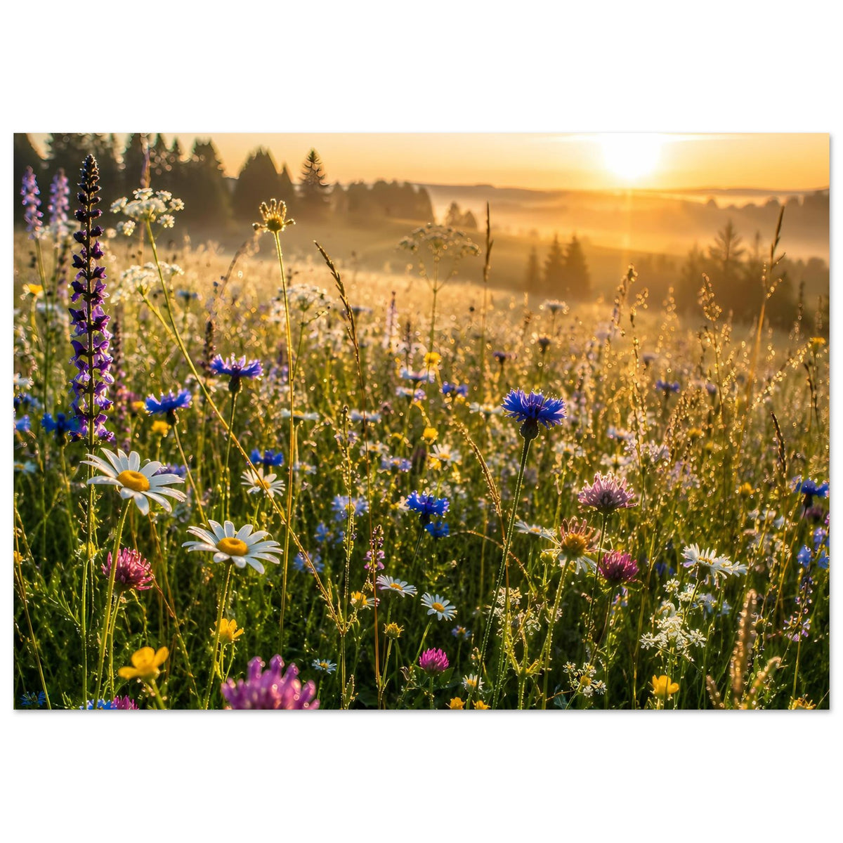 Wildblumenwiese-Poster im Querformat mit buntem Blütenmix aus Gelb, Blau und Violett