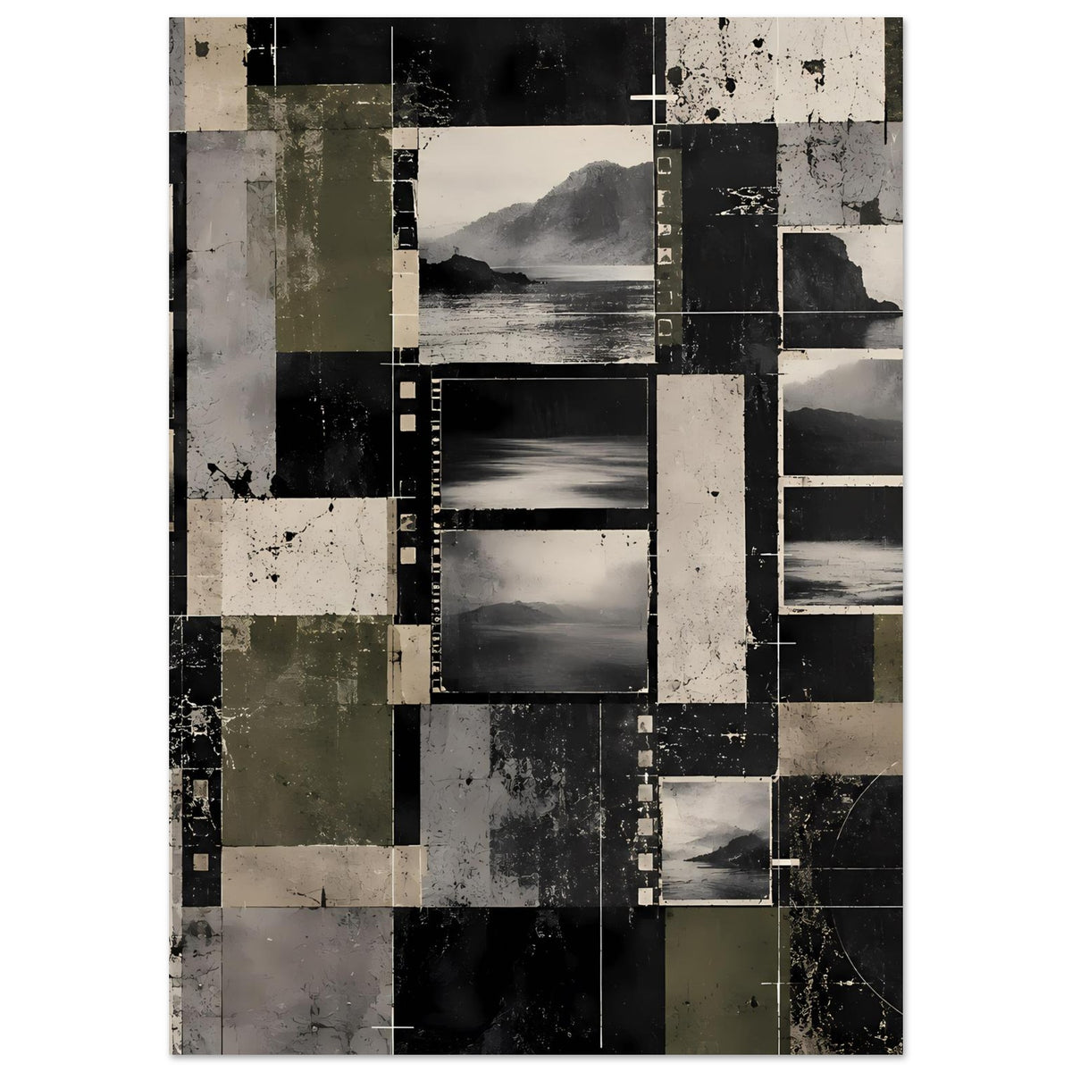 Vintage-inspiriertes abstraktes Landschaftsposter im Hochformat, Collage aus Rechtecken
