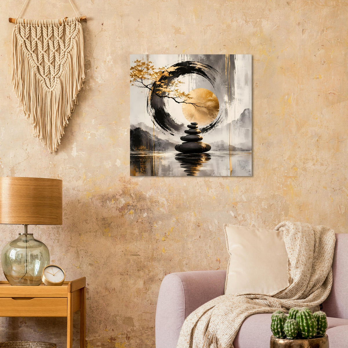 Kunstposter mit rundem Mondmotiv und schwarzen Stapelsteinen, goldene Sprenkel auf hellem Hintergrund.