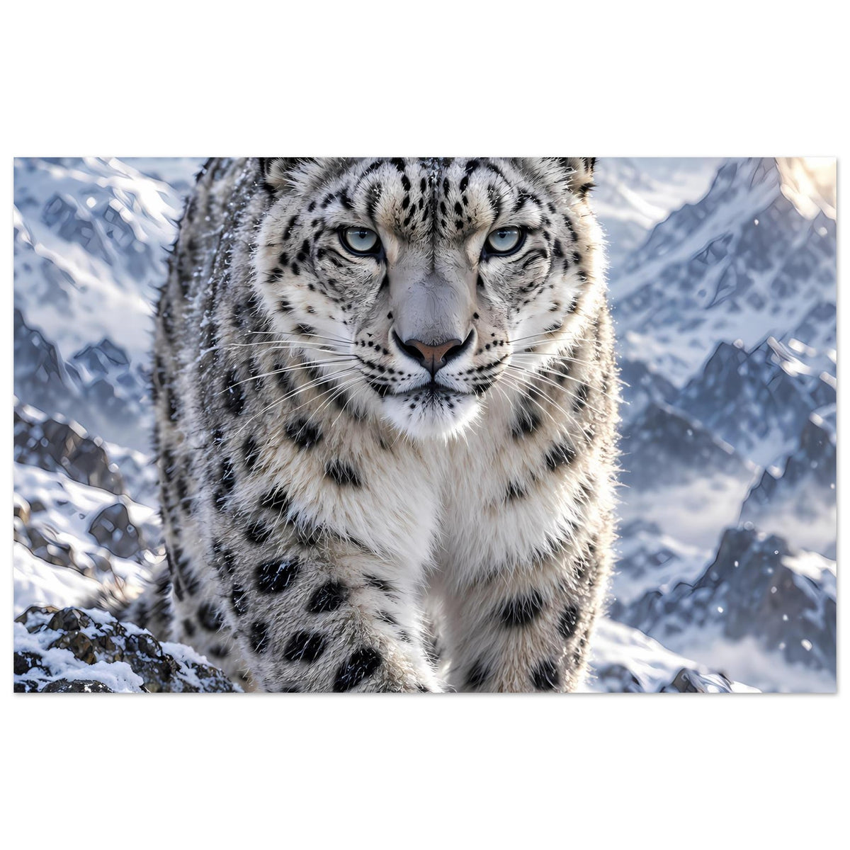 Poster mit majestätischem Schneeleopard vor verschneitem Bergpanorama