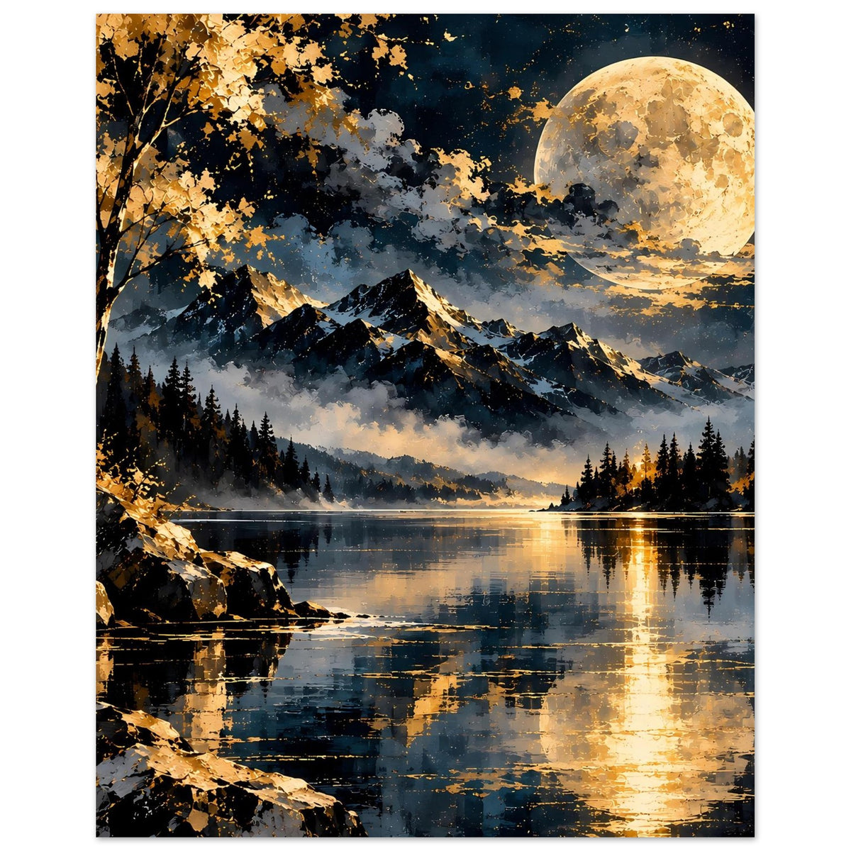 Landschaftsposter im Hochformat mit Vollmond über Bergsee, Bergen, Waldsilhouette und Spiegelung.