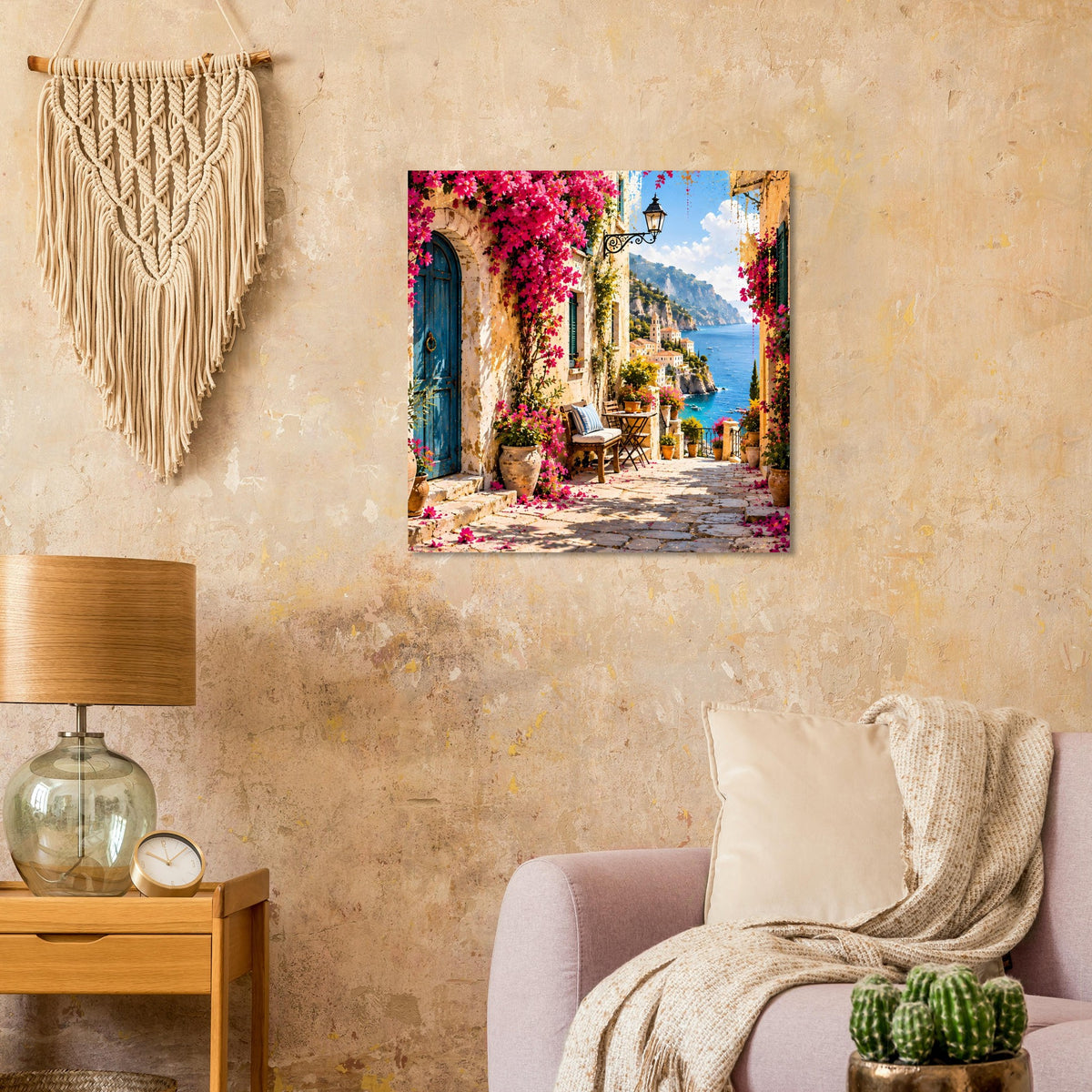 Mediterranean Escape-Poster in Wohnraum: blühende Gasse mit Sitzbank und Meerblick