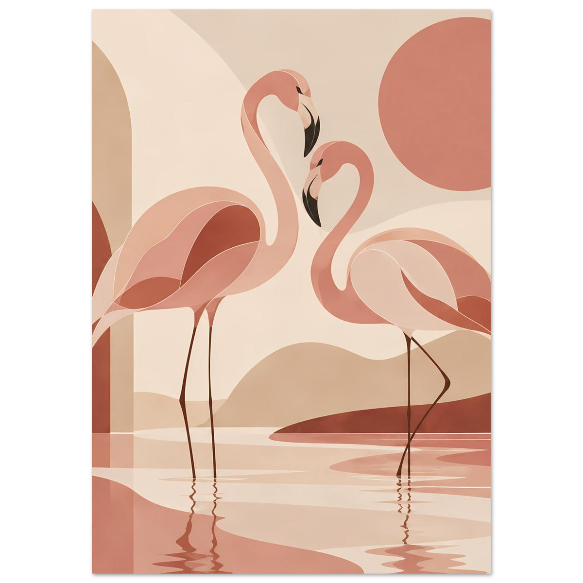 Naturposter mit zwei Flamingos, abstrakte Sonnenuntergangsfarben und Spiegelung im Wasser