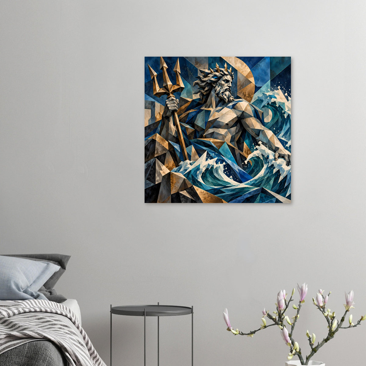 Kleines geometrisches Poseidon-Poster: Wellenwirbel in Blau, Gold-Details und helle Polygonlichter.