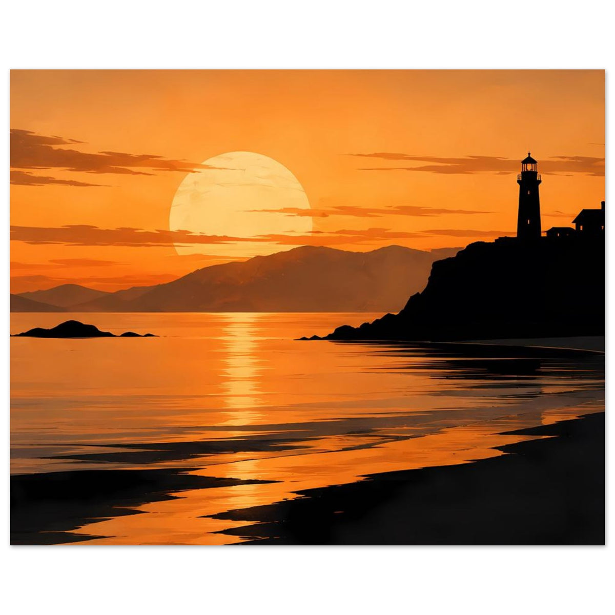 Küstenposter: Sonnenuntergang am Strand mit Leuchtturm rechts und Meerblick