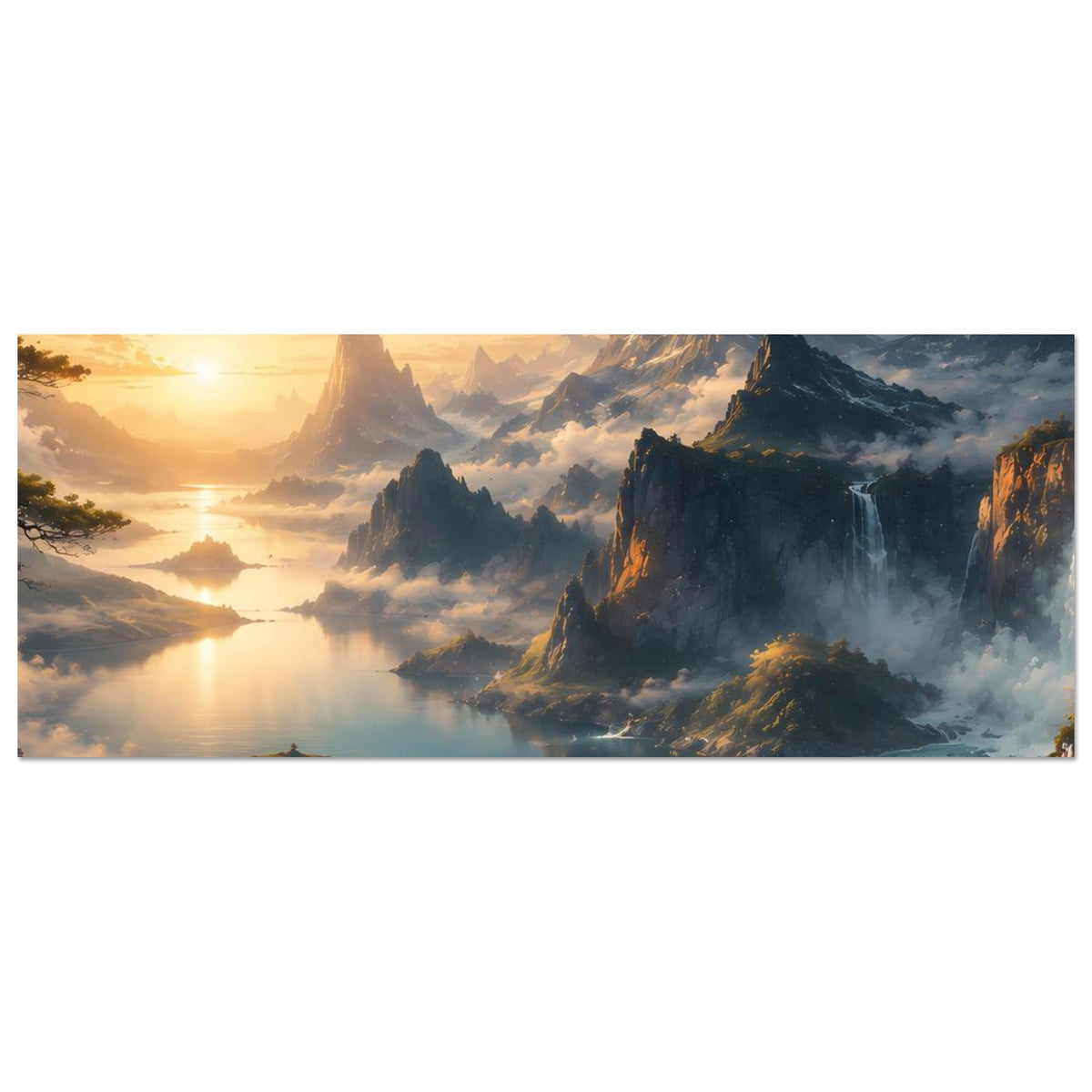 Horizontales Poster mit Bergpanorama, Wasserfällen und goldener Morgensonne über ruhigem See