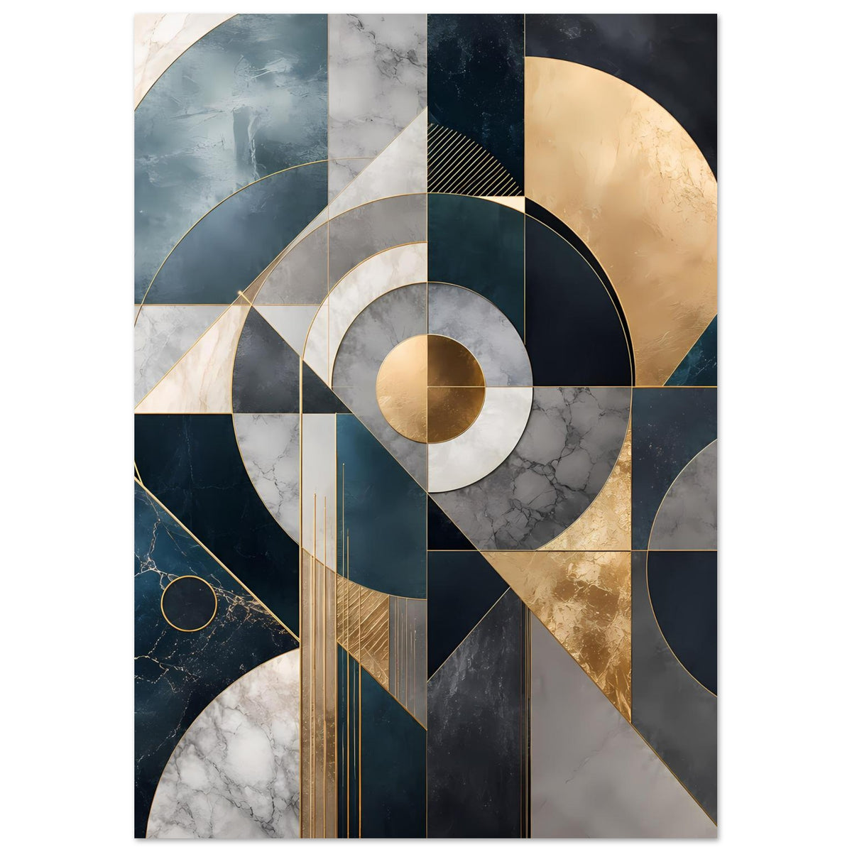 Abstraktes geometrisches Poster mit Kreisemblem, Linien und Goldtönen in Blau und Grau