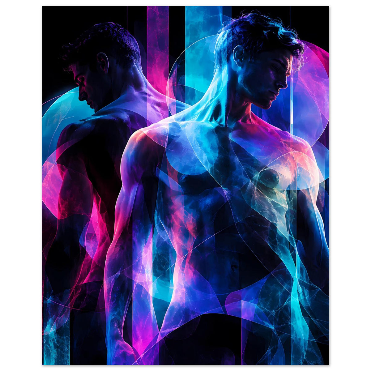 Kunstposter im Hochformat: neonblaue und pinke abstrakte Doppel-Figur