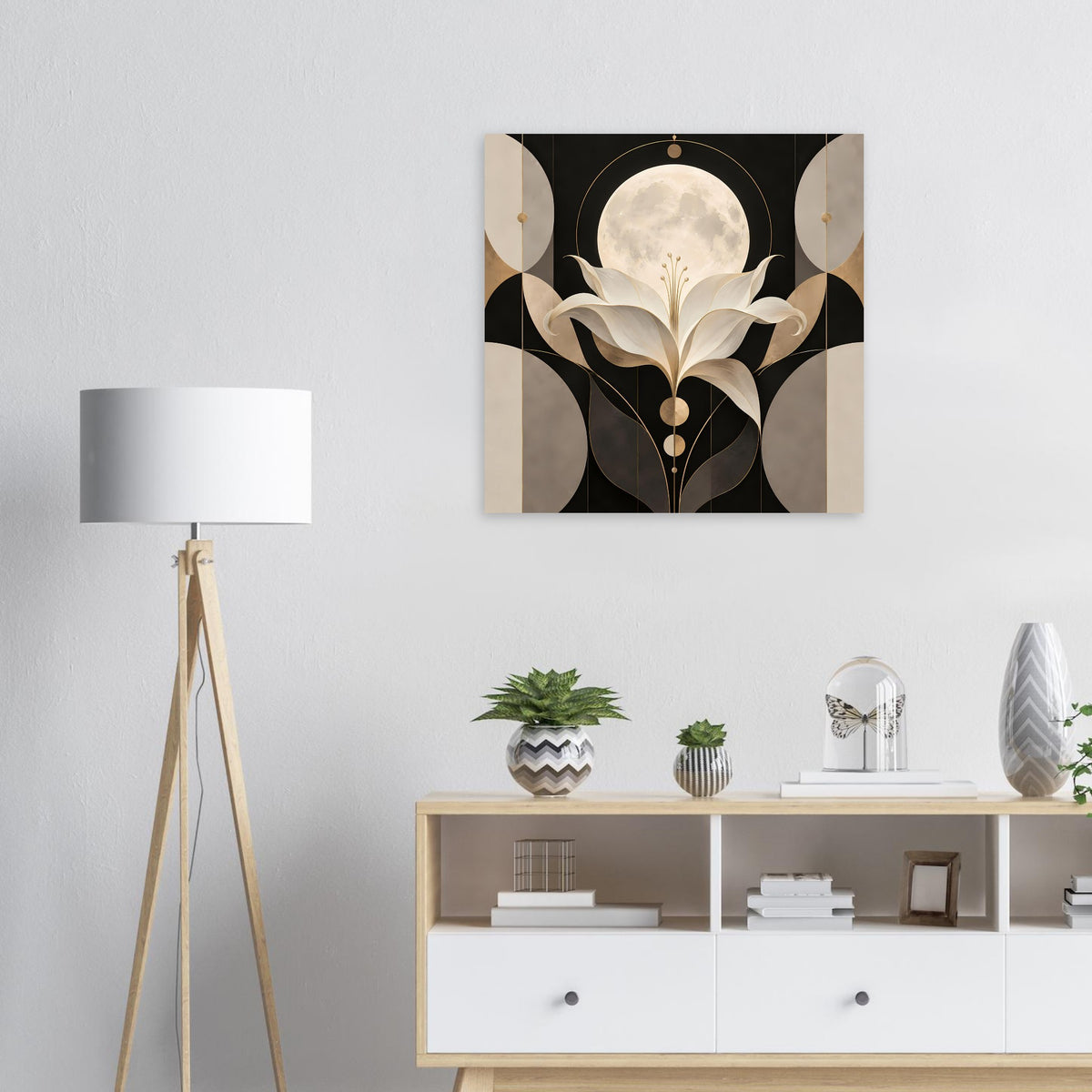 Art-déco-Poster mit Mondschein-Lilie in Gold und Creme