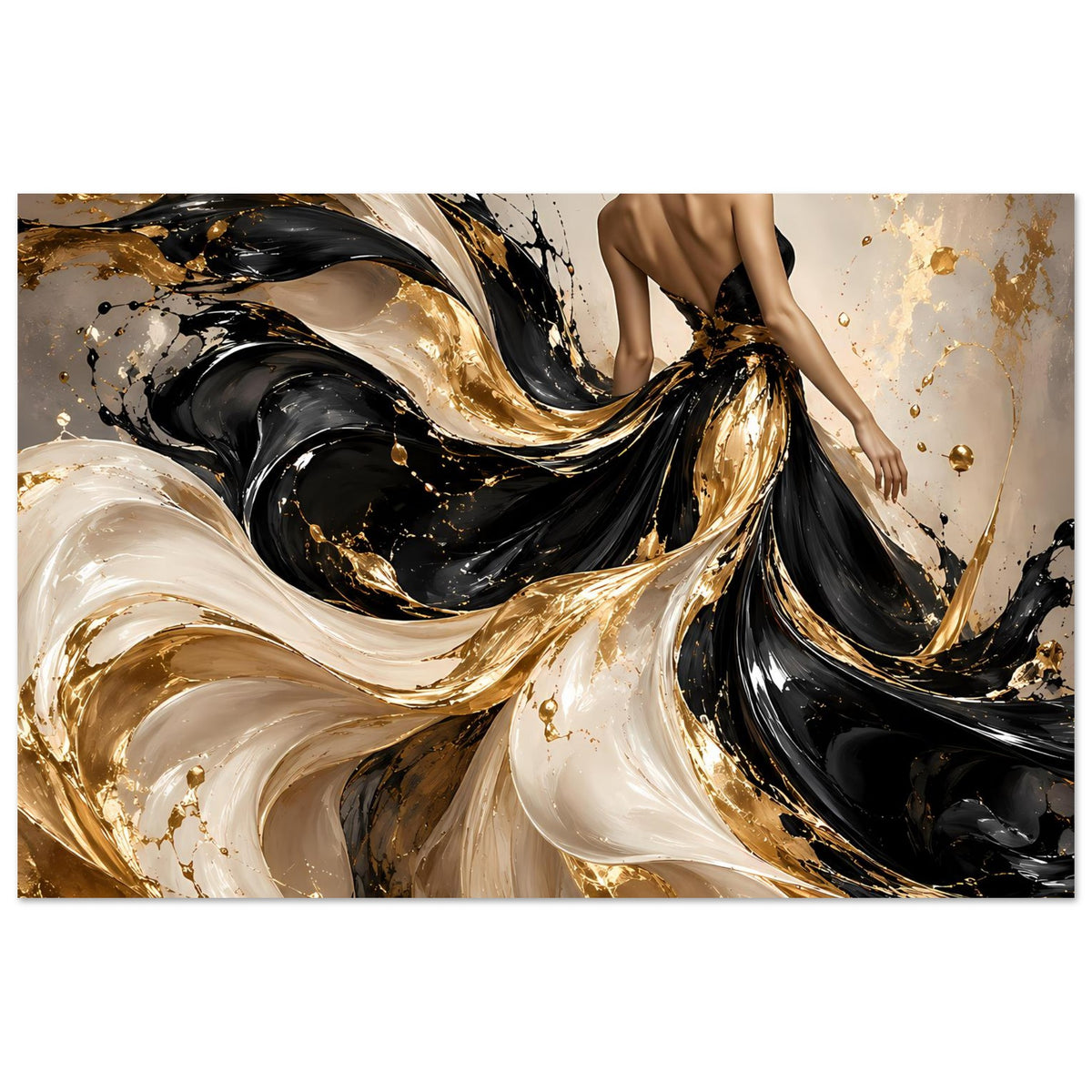 Kunstposter mit abstrakten Wirbeln, Goldakzenten und Rückenakt-Figur