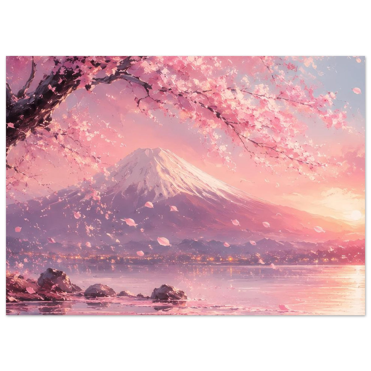 Horizontales Poster mit Fuji, Kirschblütenzweigen und rosafarbenem Abendhimmel über dem Meer