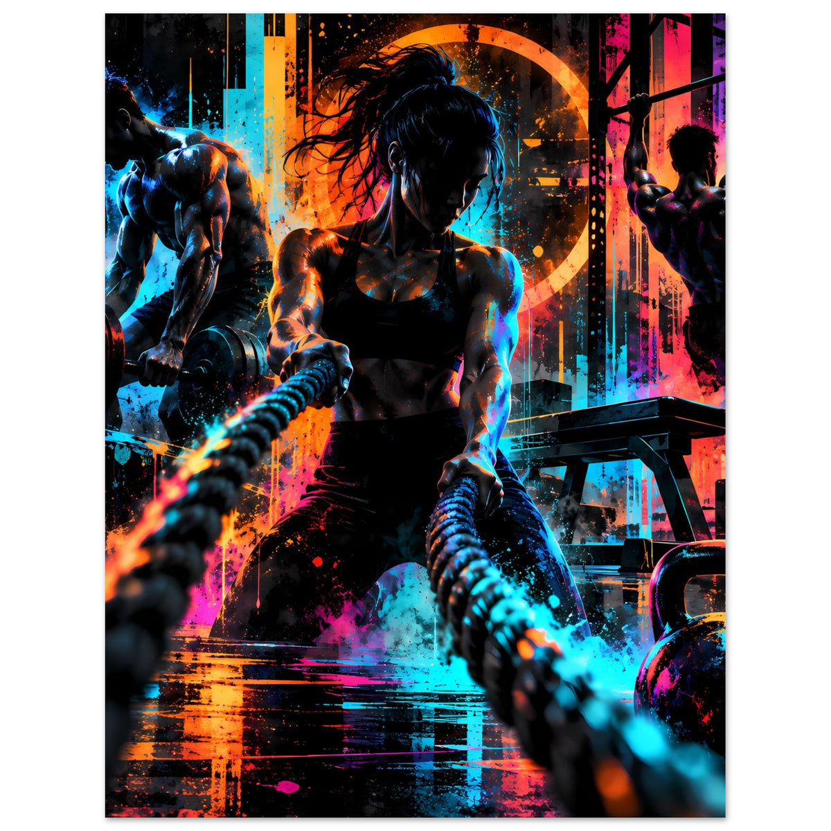 Neon-Fitnessposter mit drei Sportlern, Hantel und Neonring, kräftige Farbexplosion