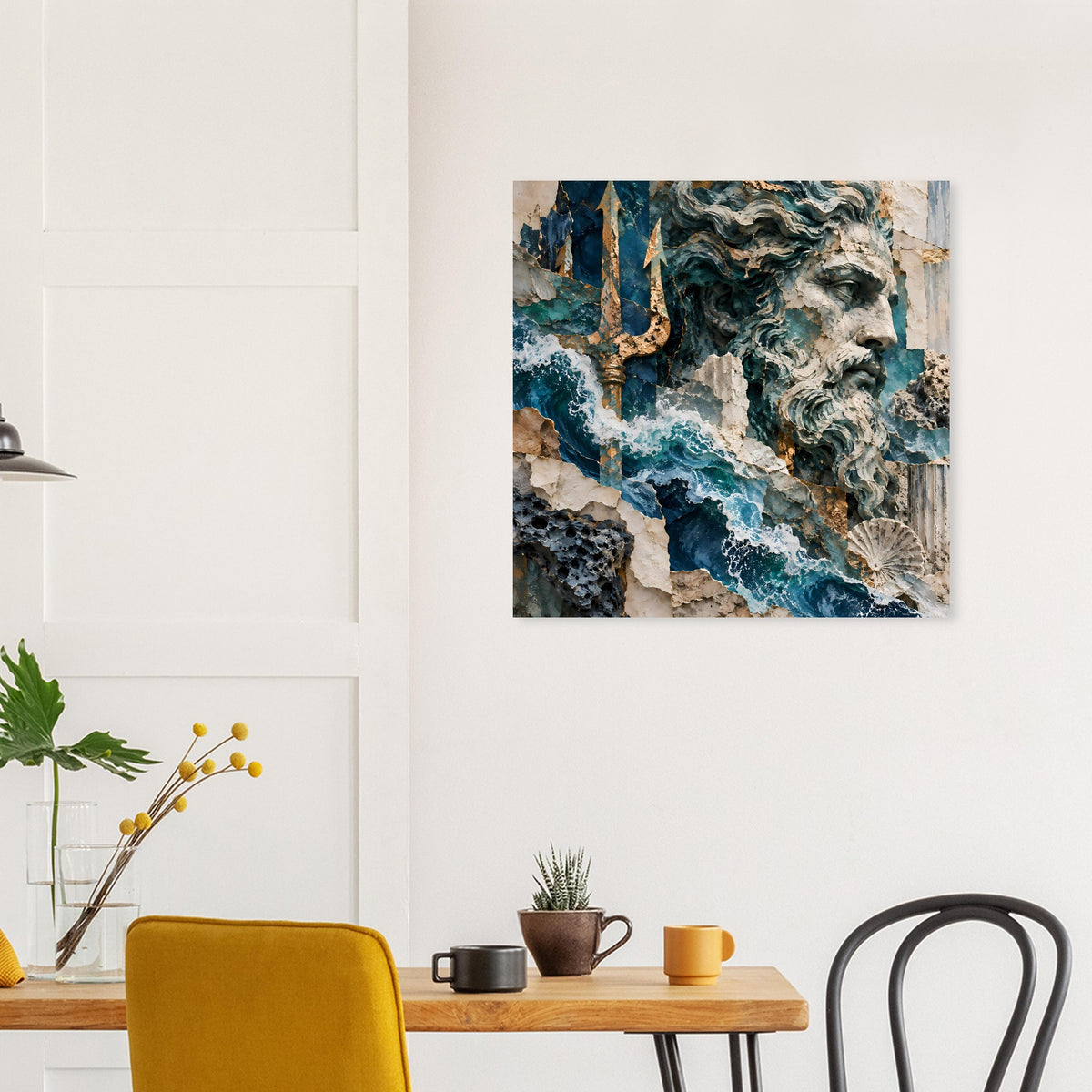 Neptun-Mythologieposter mit Skulpturkopf zwischen Wellen in Blau und Gold