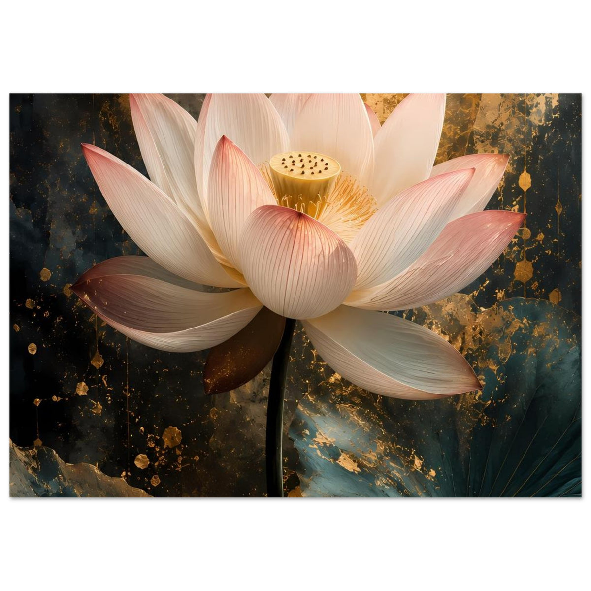 Quadratisches Poster mit Lotusblüte in Weiß und goldfarbenem Blütenkern