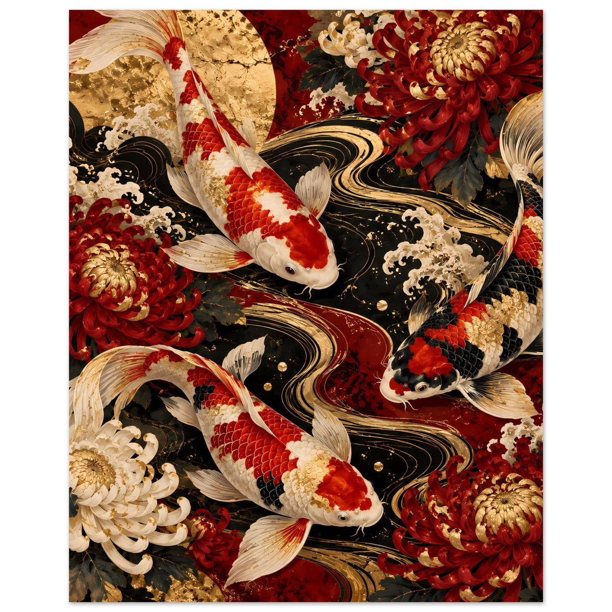 Koi-Karpfen-Poster mit Koi und Chrysanthemen, rot-goldene Details, seitlicher Ausschnitt