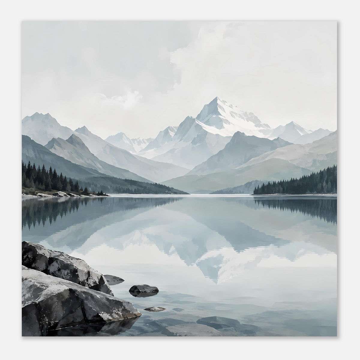 Gerahmter Kunstdruck: Bergsee, Spiegelung von Schneegipfeln und Berge in kühlem Blau
