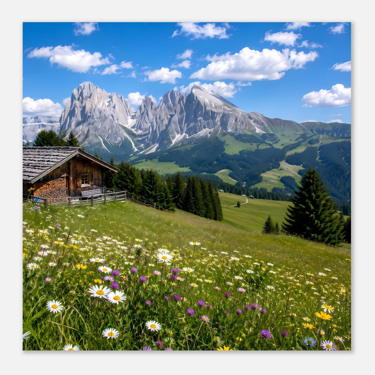 Gerahmtes Poster im Querformat mit Alpenwiese, Blumen und Bergpanorama