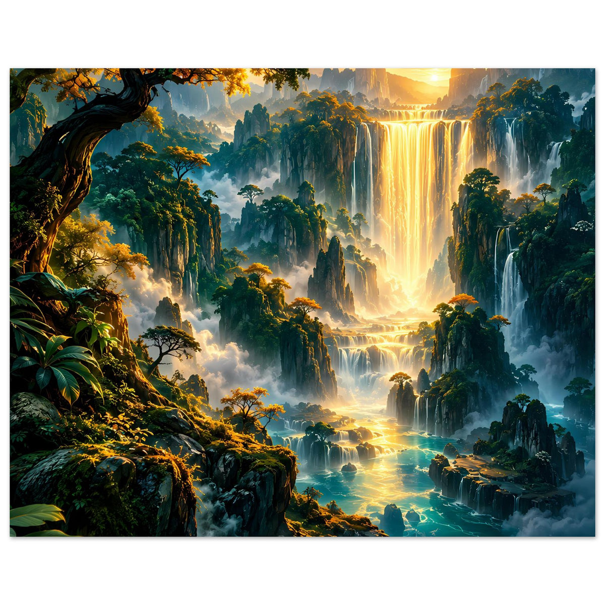 Fantasy-Landschaftsposter mit golden leuchtendem Wasserfall über Felsklippen und bewachsenem Tal