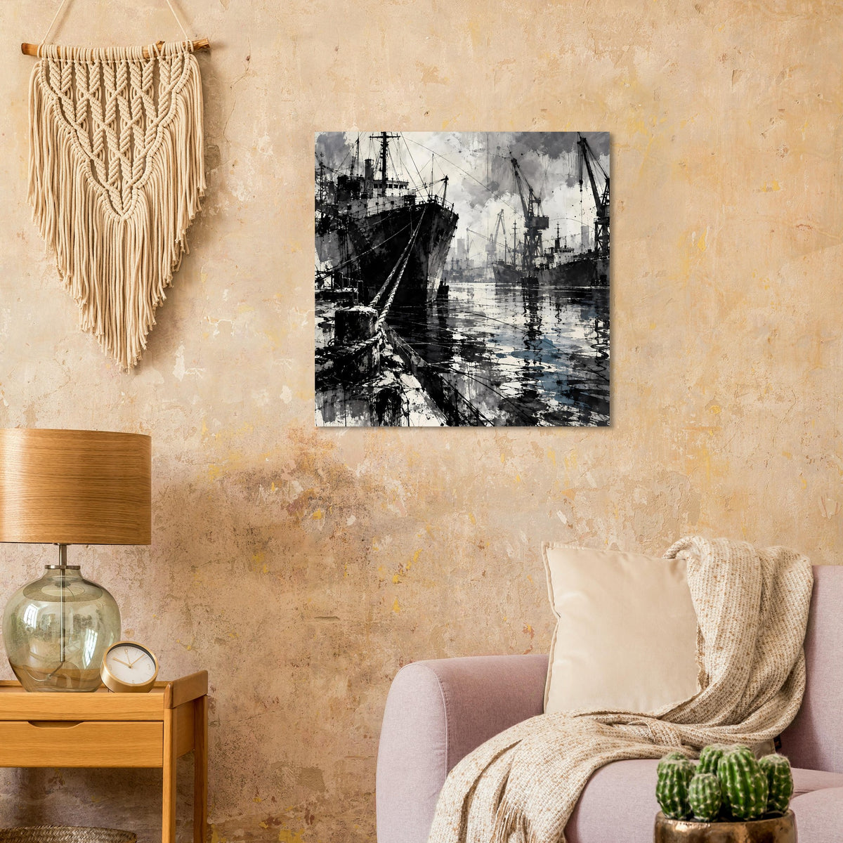 Schwarzweißes Wandposter mit Hafen, Schiffen und Docks, rechteckig