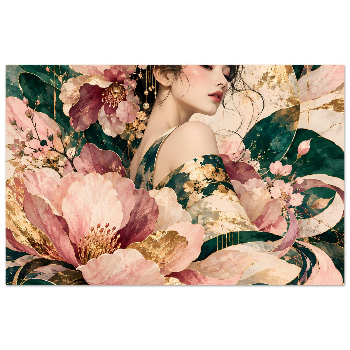 Elegantes Poster mit Frauenporträt, floralen Motiven in Rosé, Grün und Gold