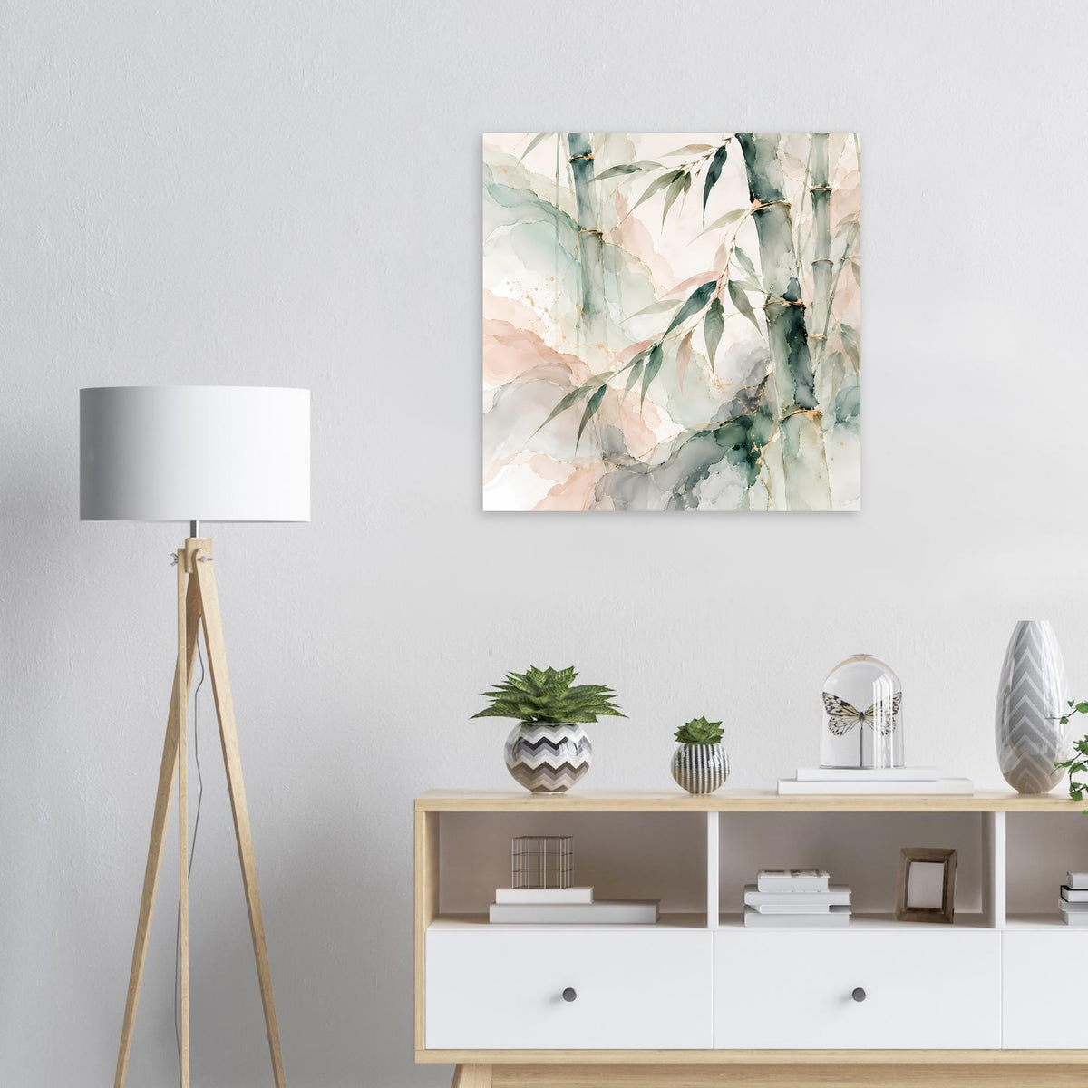 Quadratisches Naturposter mit Aquarell-Bambusblättern in Grün, Beige und Pastelltönen