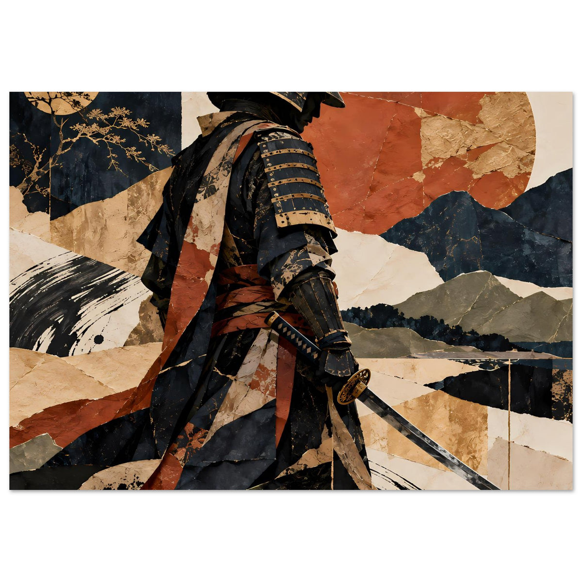 Poster im Querformat, Fokus auf Samuraisilhouette und Schwert, schwarze Rüstung, erdige Grafik.