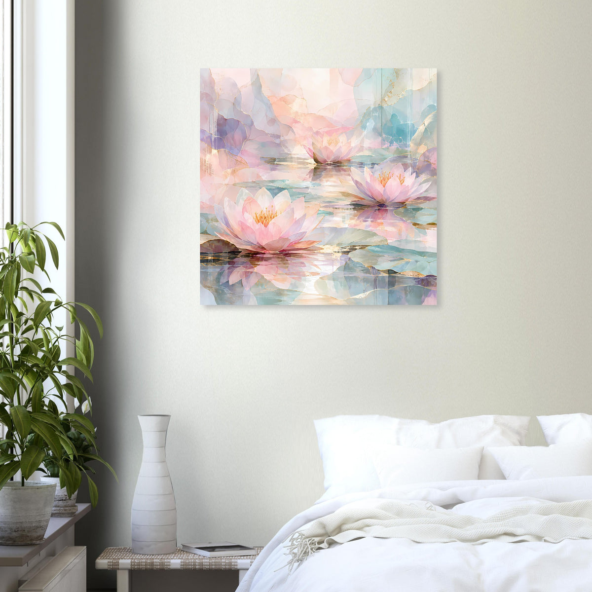 Quadratisches Poster mit Seerosen auf stillen Gewässern, Pastellrosa, Blau und Flieder.