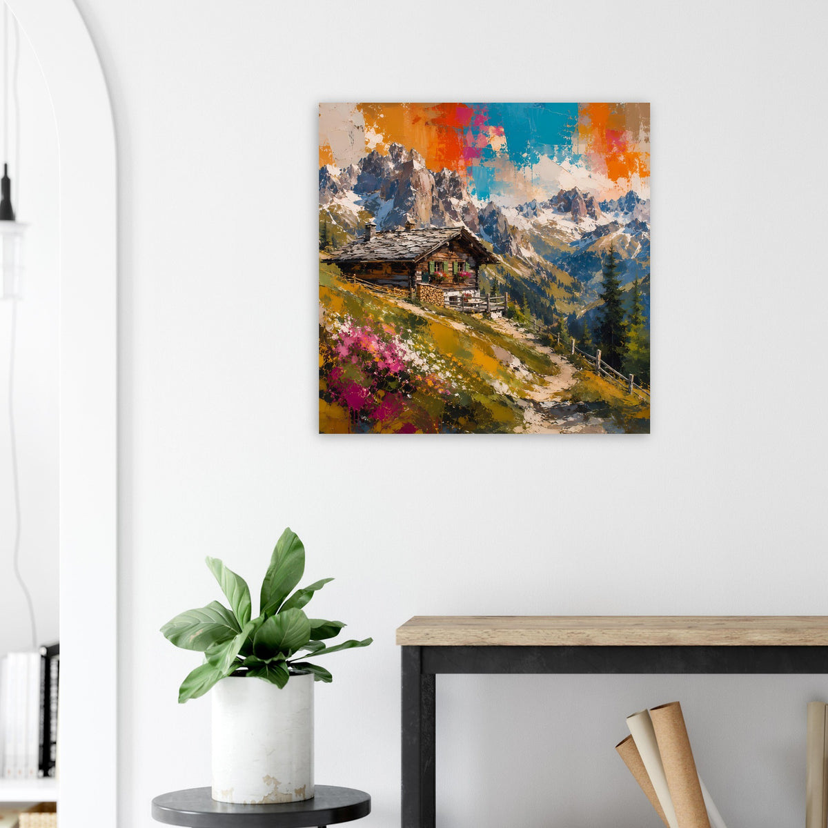 Rechteckiges Poster mit Gebirgshütte, bunten Blumen im Vordergrund und farbigem Himmel