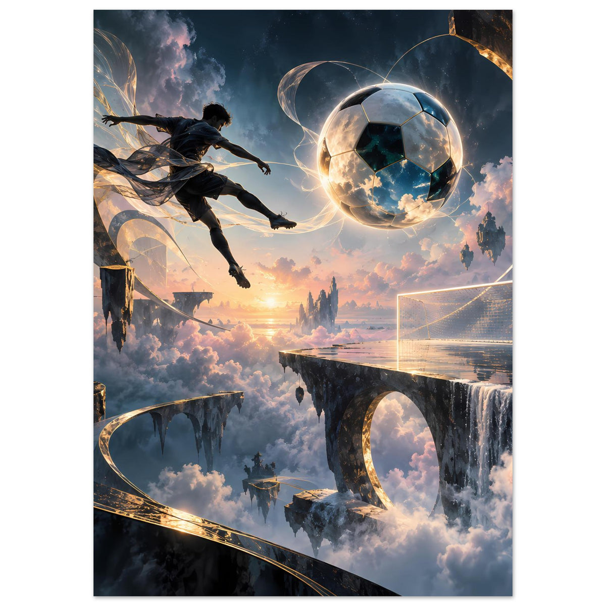 Fußballposter: springender Spieler, leuchtender Ball mit Lichtkranz, Wasserfalltor und Wolken