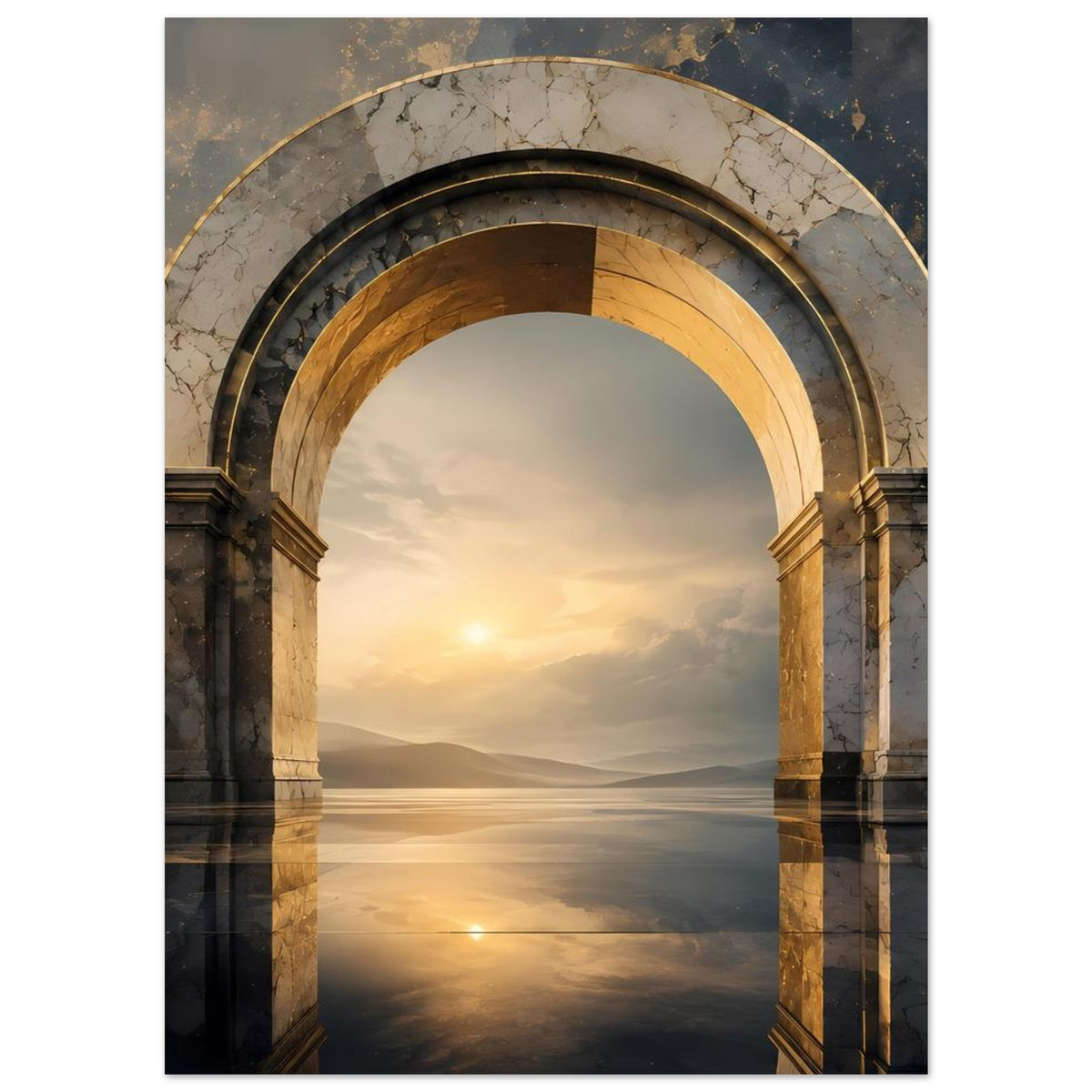 Poster: Marmorbogen mit dunklem und goldenen Ringschichten über Sonnenuntergang über Wasser