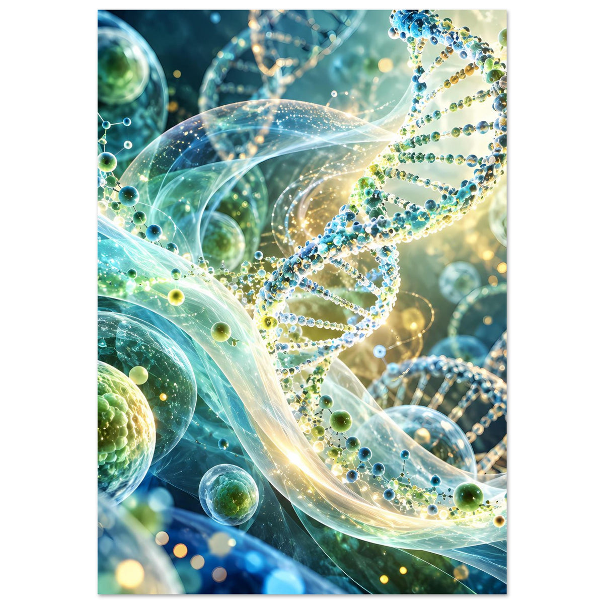 Biotechnologie-Poster: leuchtende DNA-Doppelhelix-Bänder mit grünen Perlen und blauen Lichtpunkten