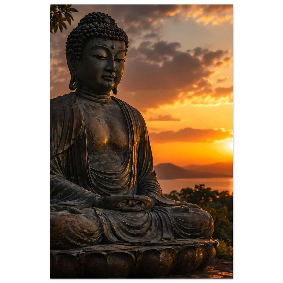 Poster mit sitzendem Buddha im Lotussitz, Kopf und Oberkörper klar, gefaltete Hände sichtbar.