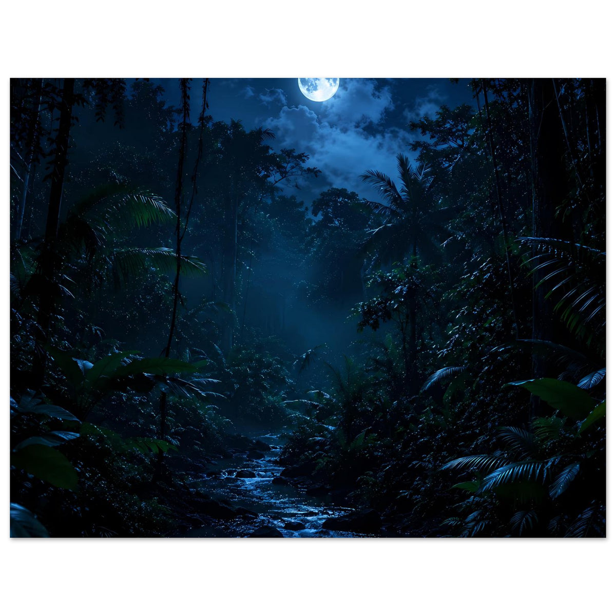 Querformat-Nachtposter mit Dschungelwaldweg, Vollmond und dunklem Blätterdach