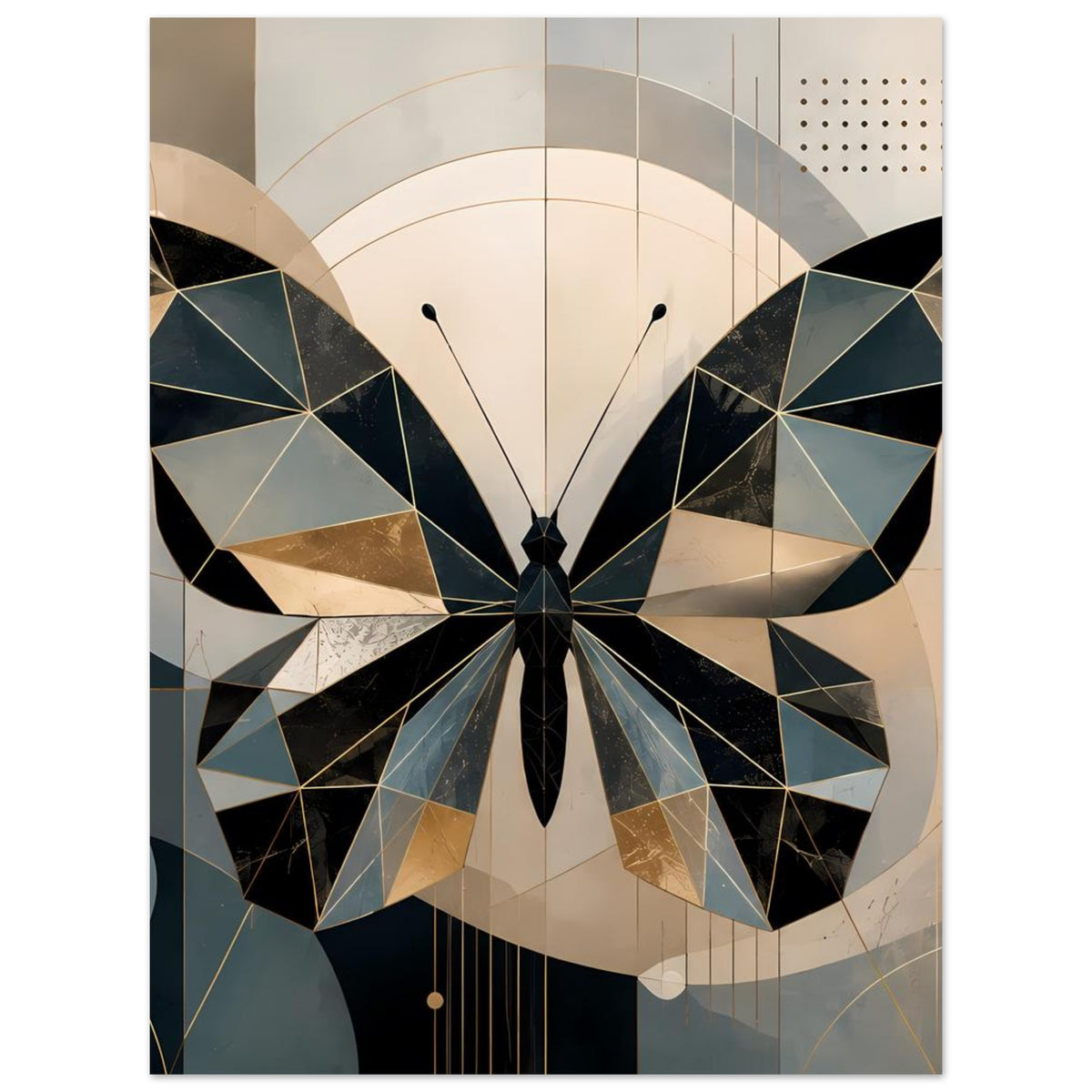 Poster mit geometrischem Schmetterling in Petrol, Gold und dunklen Kontrasten, zentral