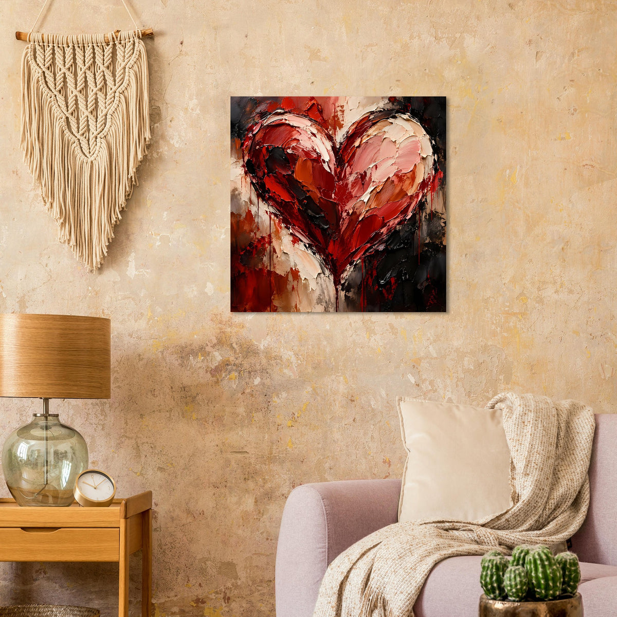 Quadratisches Kunstposter mit Herzmotiv in Rot-, Beige- und Schwarztönen