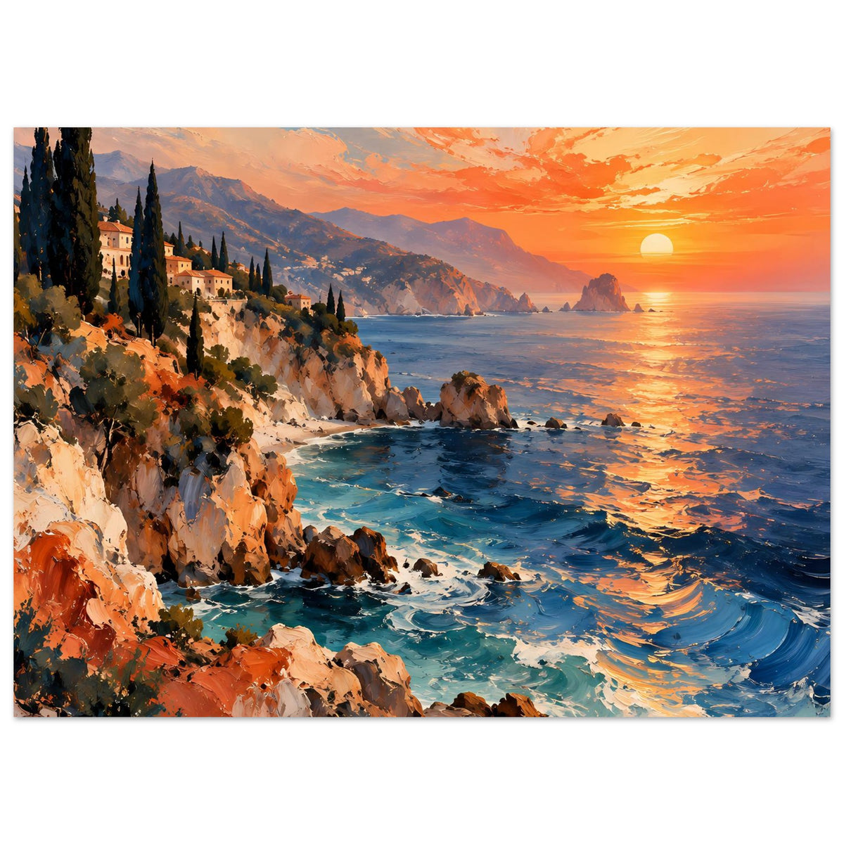 Poster: Farbintensive Küste bei Sonnenuntergang mit Klippen und schäumenden Wellen
