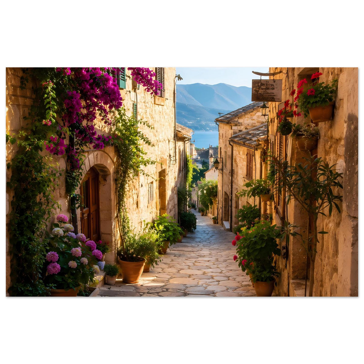 Poster mit mediterraner Gasse: Steinwände, violette Blüten und Kübelpflanzen