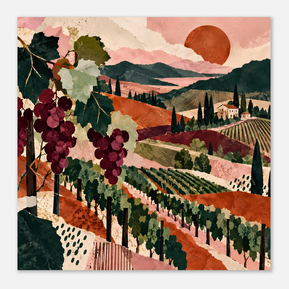 Weinreben-Poster: Traubenranken links, Weinberge in Reihen und roter Kreis am Himmel