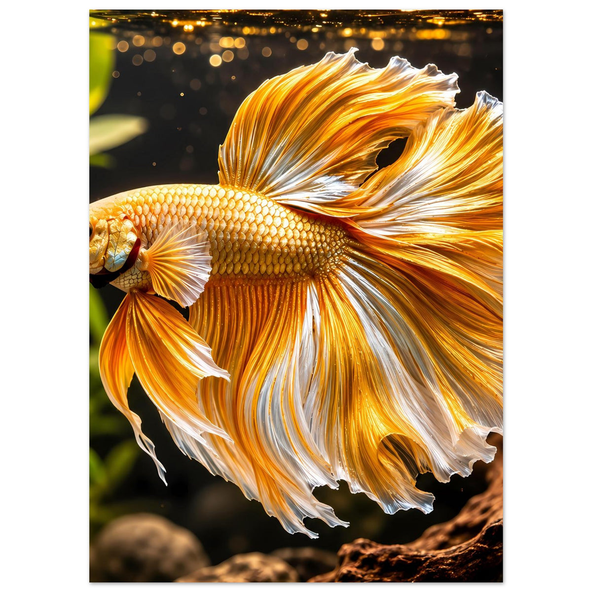 Poster mit goldfarbenem Betta-Fisch, intensiv orangefarbener Schwanz und Muster