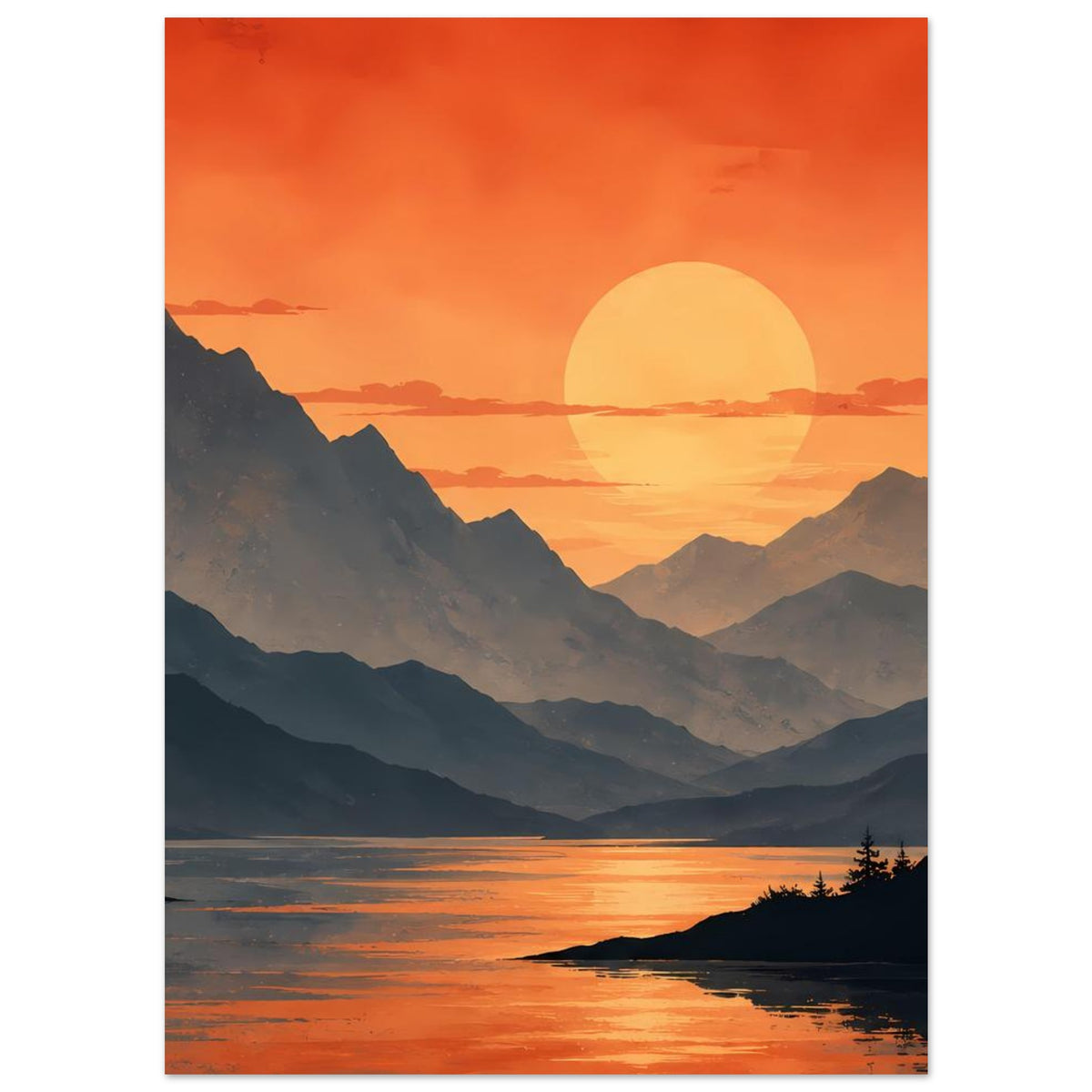 Wandposter: orangefarbener Sonnenuntergang über dunklen Bergen und ruhigem See