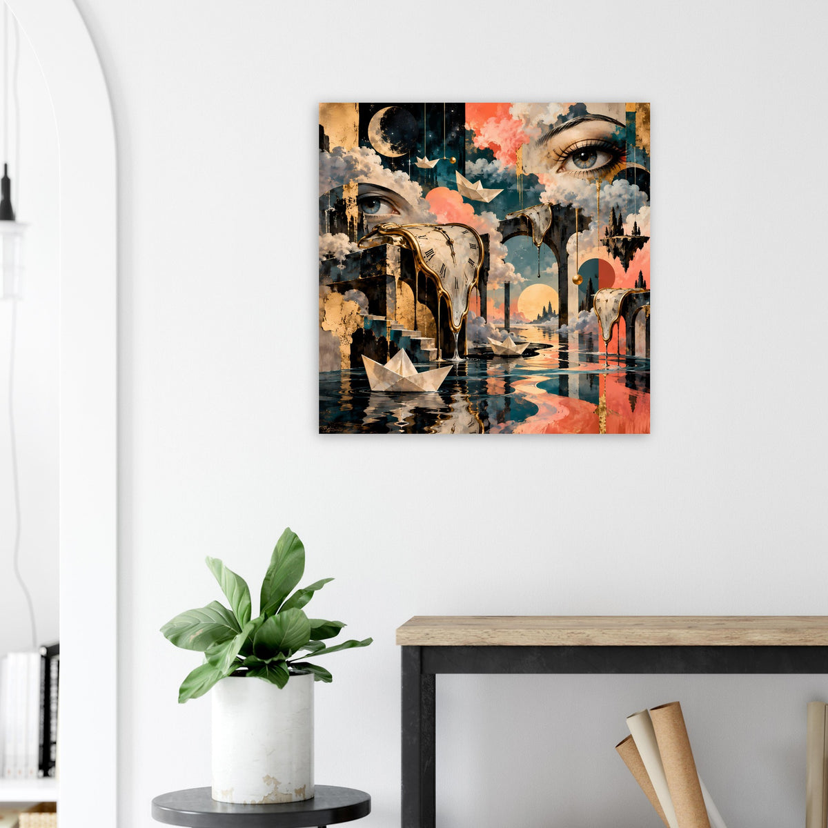 Quadratisches Surreal-Poster mit schmelzenden Uhren, großen Augen und Wasserreflexion