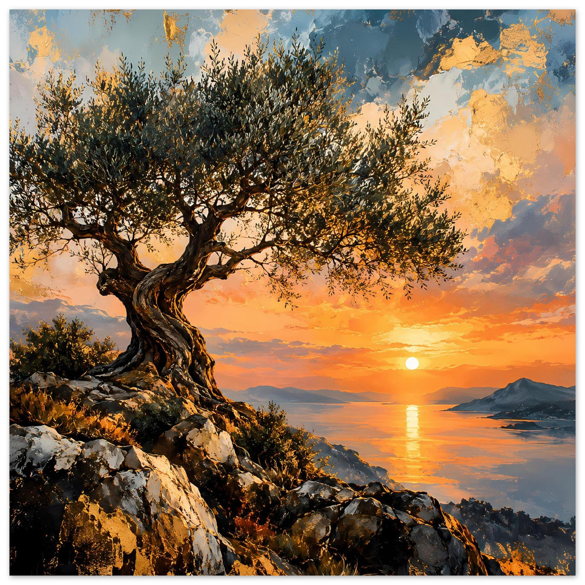 Olivenbaum-Poster im Querformat: breiter Blick auf Sonnenuntergang, Felsen, Olivenbaumkrone