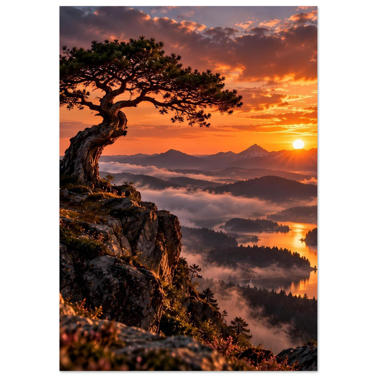 Landschaftsposter im Hochformat: knorriger Baum auf Felsvorsprung, goldener Sonnenuntergang