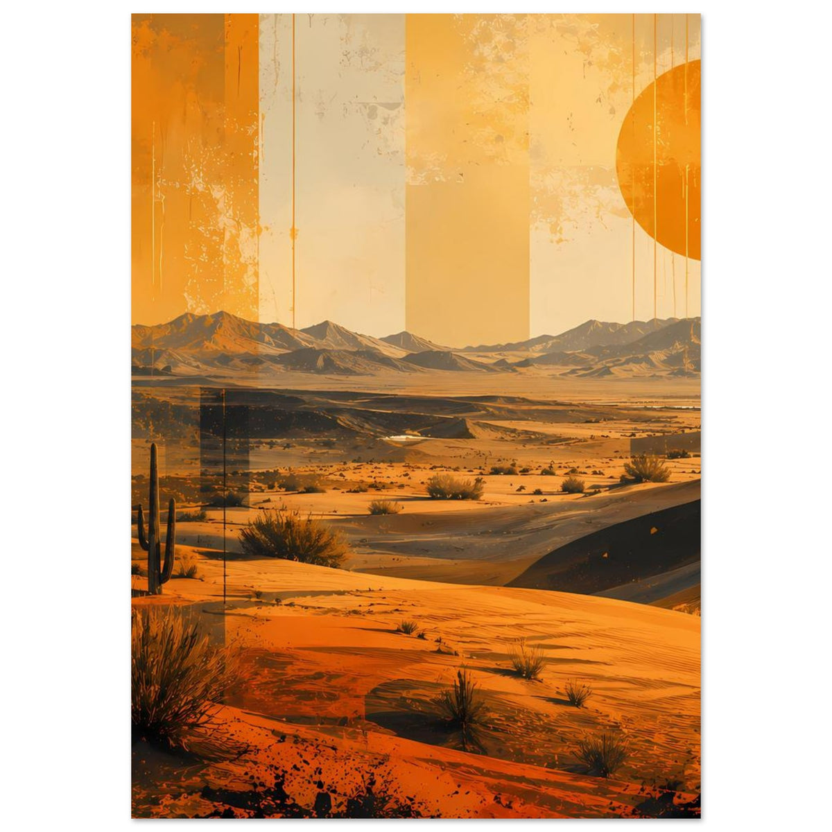 Hochformat-Retro-Wüstenposter mit Sanddünen, Kakteen und orangefarbenem Sonnenkreis