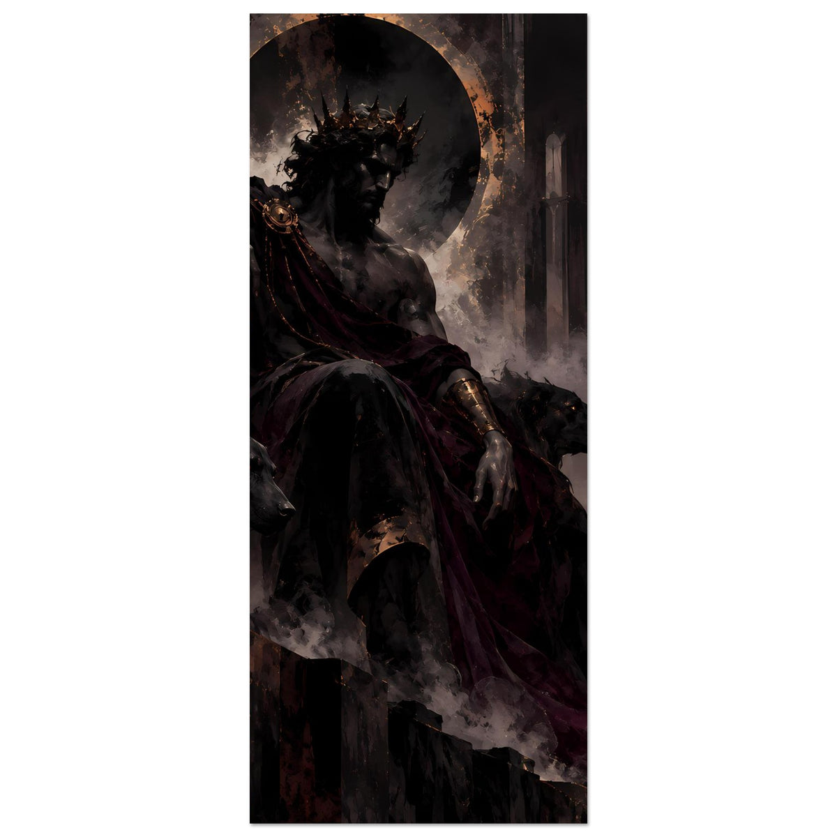 Fantasy-Poster im Hochformat: Kriegerfigur mit Krone und Schwert, großer Mond
