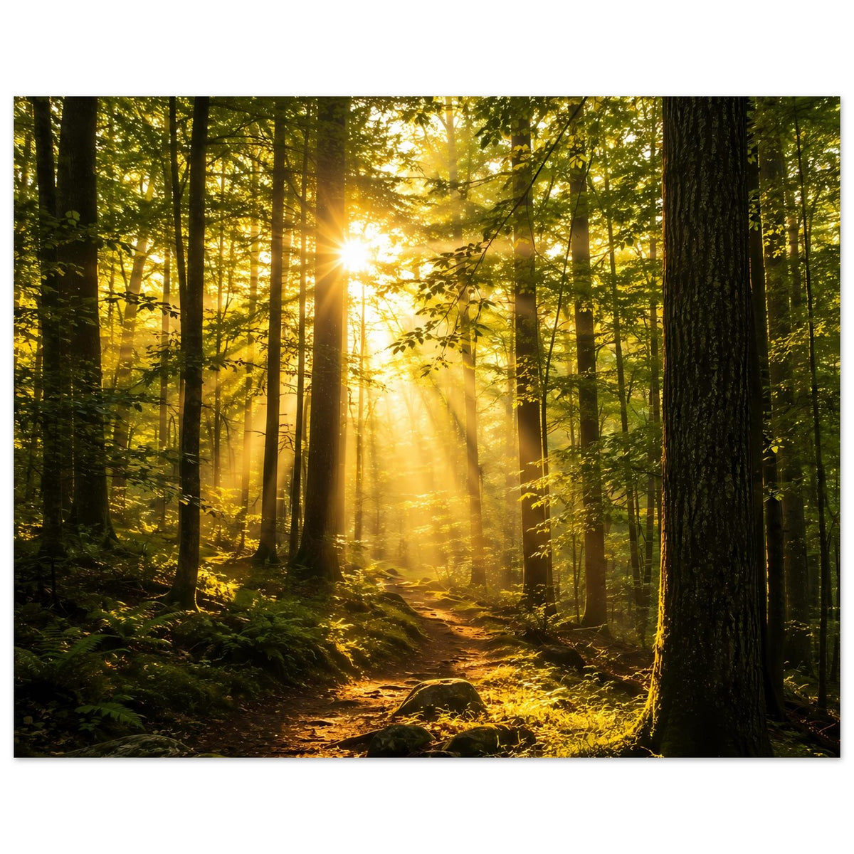 Kunstdruck-Poster Sonnenaufgang im Wald: Lichtkegel über Weg aus Moos, dichte Baumstämme.