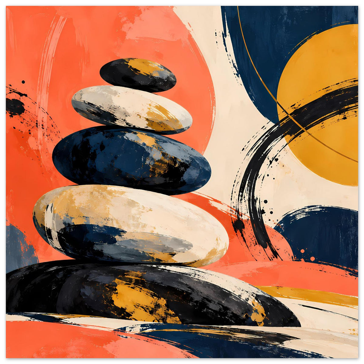 Abstraktes Poster mit Stapel dunkler Steine; orange, Creme, Gelb und Navy im Motiv