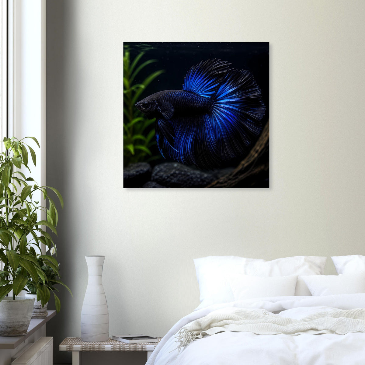 Quadratisches Poster mit blauem Betta-Fisch-Motiv im Detail, schwarzer Rahmen