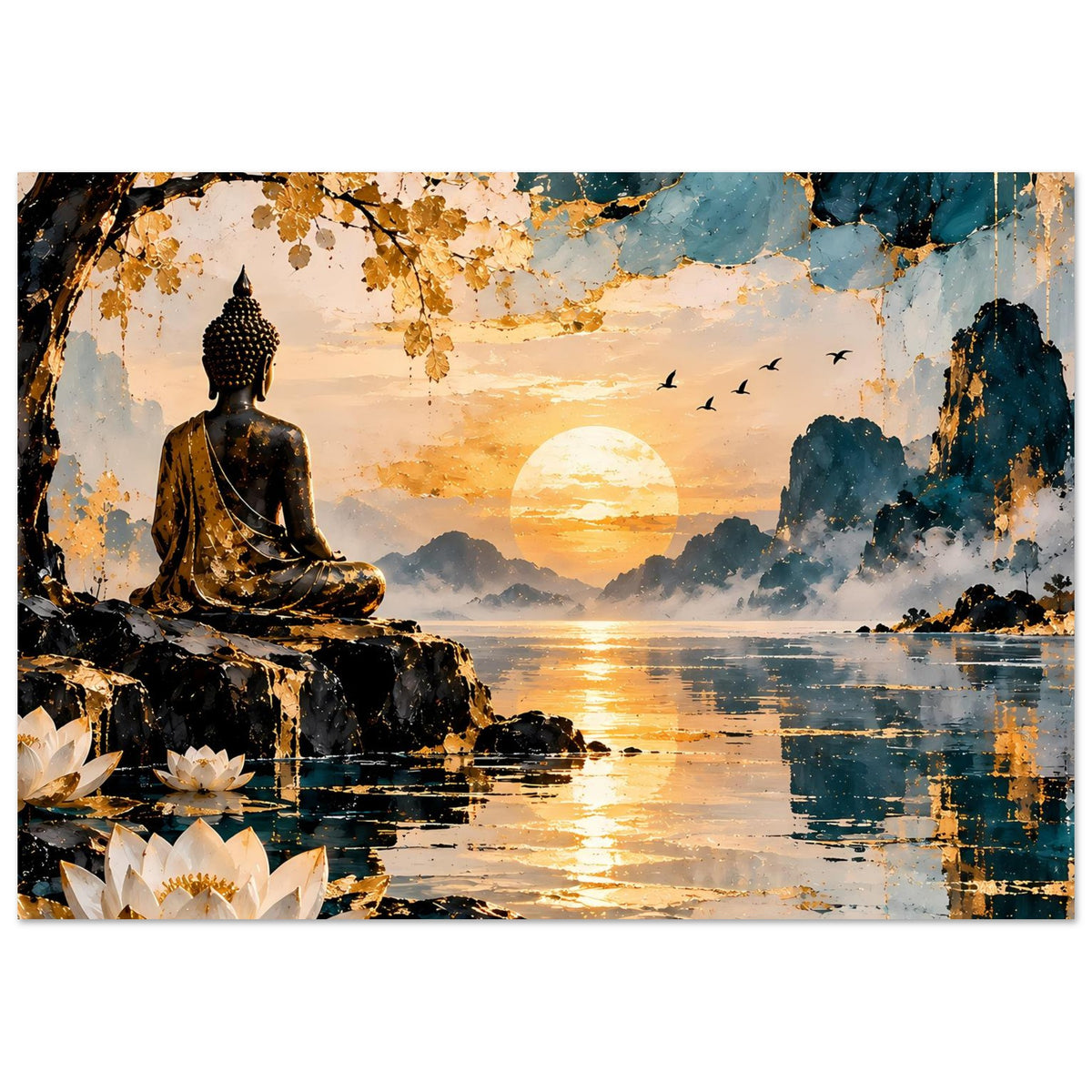 Buddha-Poster im Panoramaformat: Buddha am Steinufer, goldene Sonne, Vögel und Wasserreflexe