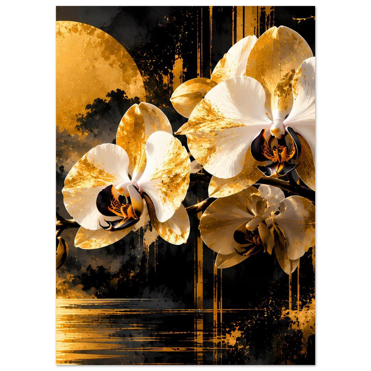 Blumenposter mit goldenen und weißen Orchideenblüten, dunkles Muster mit goldenen Sprenkeln